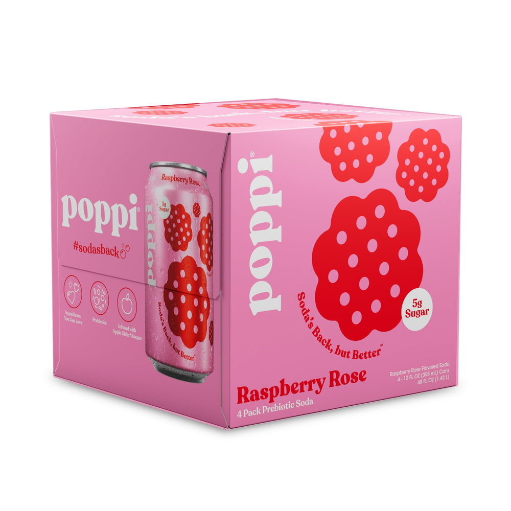 poppi Raspberry Rose Prebiotic Soda · Refresco · 4 latas de 355 ml