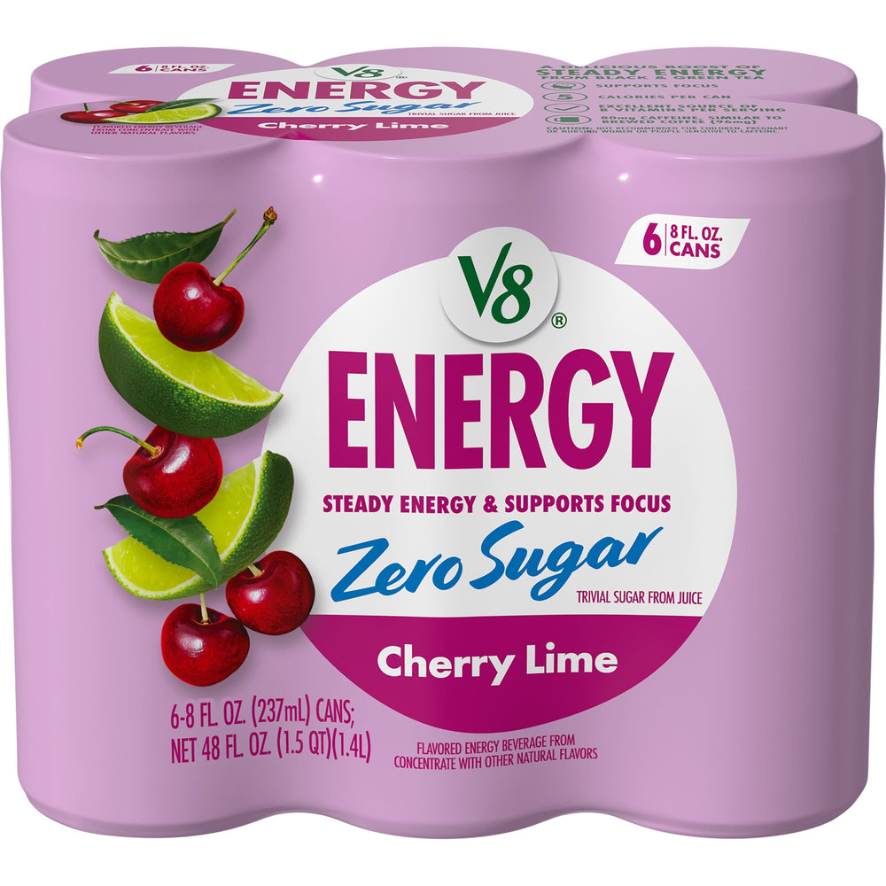 V8 Energy Cherry Lime Zero Sugar · Bebida energética · 6 latas de 237 ml