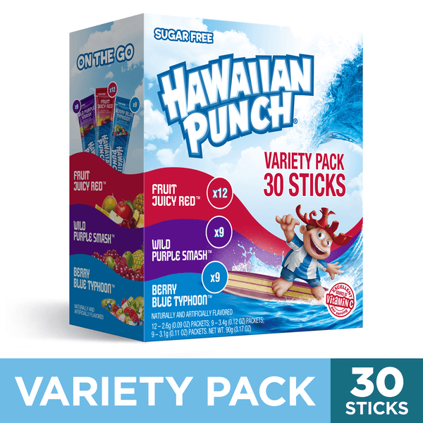 Hawaiian Punch Powder Variety Pack Red, Blue y Purple sin azúcar · Polvo para agua · 30 pzas