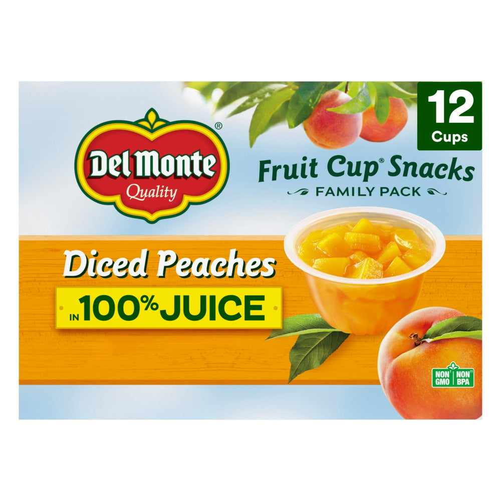 Del Monte Diced Peaches Fruit Cup in 100% Fruit Juice · Bebida · 113 g · vaso