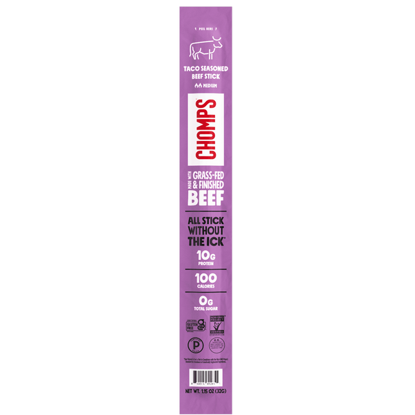 Chomps Grass-Fed & Finished Taco Beef Stick · Carne seca · 33 g