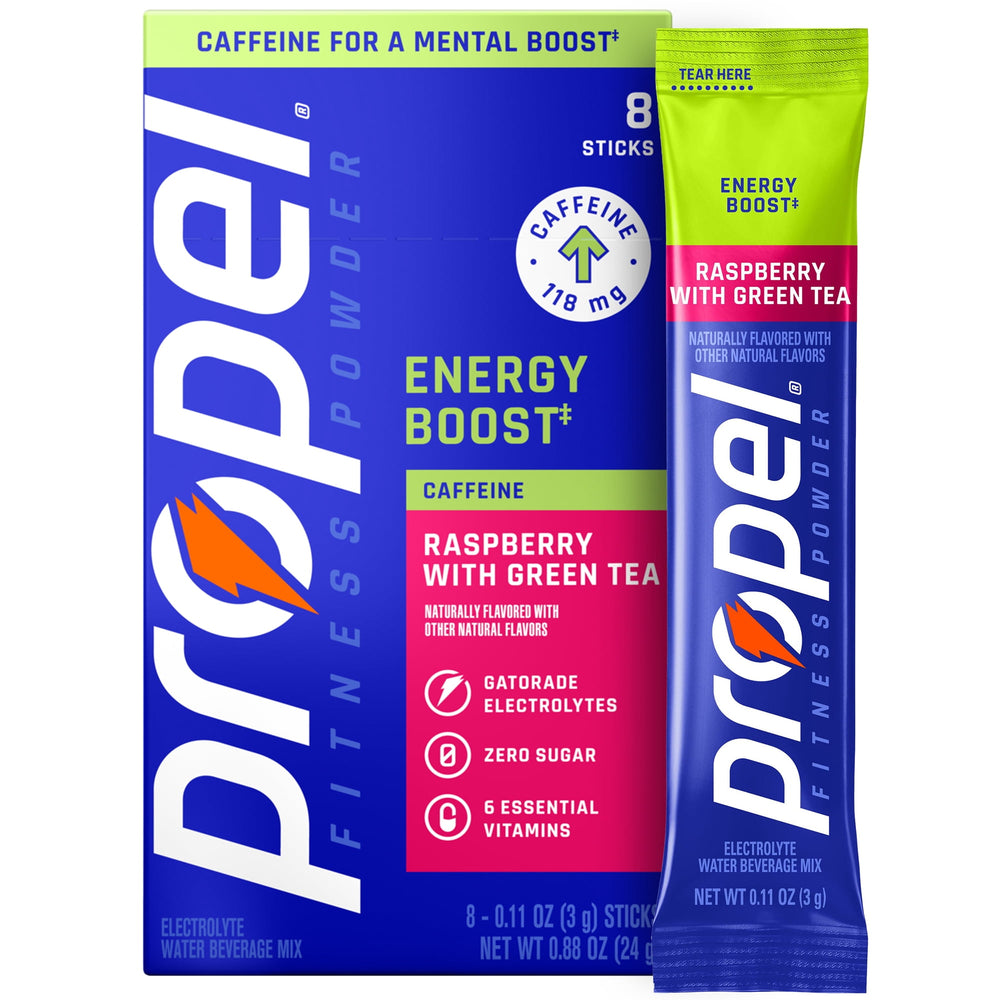 Propel Energy Boost Raspberry Green Tea Zero Sugar · Polvo para agua · 8 pzas de 3 g