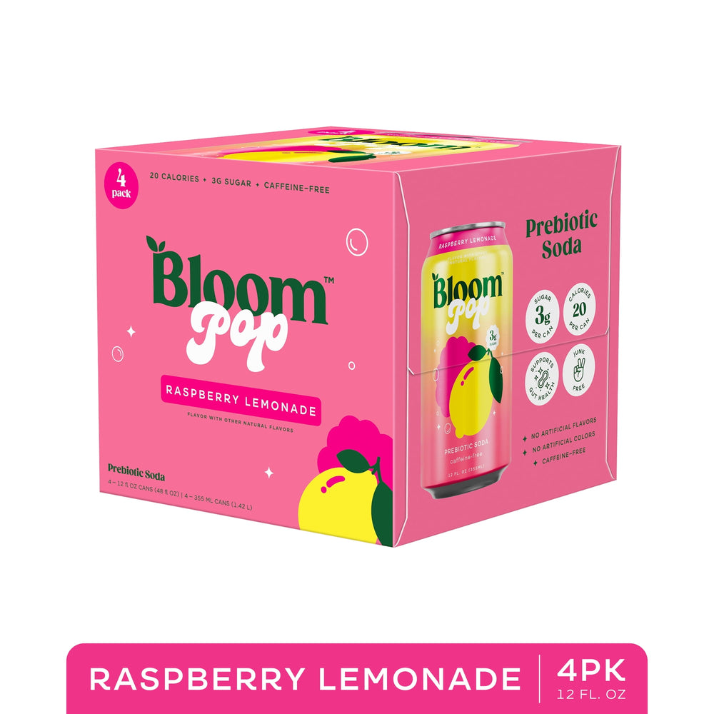 Bloom Nutrition Pop Prebiotic Soda Raspberry Lemonade · Refresco · 4 latas de 355 ml