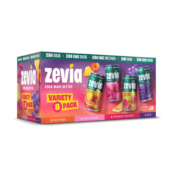 Zevia Zero Sugar Caffeine-Free Fruity Variety Soda · Refresco · 8 latas de 355 ml