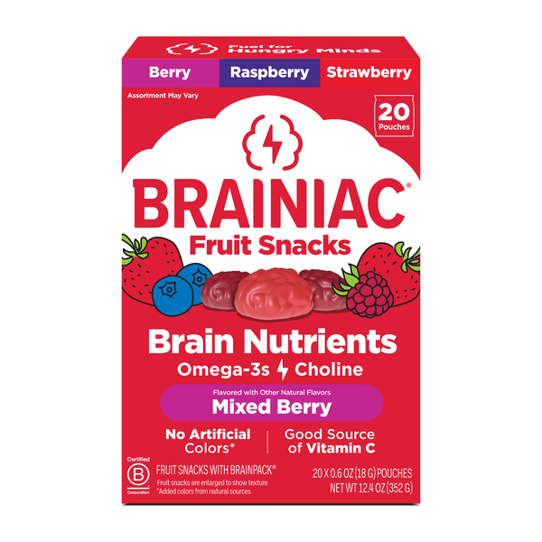 Brainiac Fruit with BrainPack Mixed Berry · Gomitas de fruta · 20 pzas
