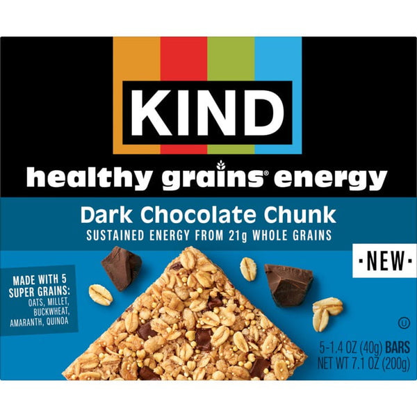 KIND Healthy Grains Energy Dark Chocolate Chunk Gluten Free · Barra · 5 pzas de 21 g