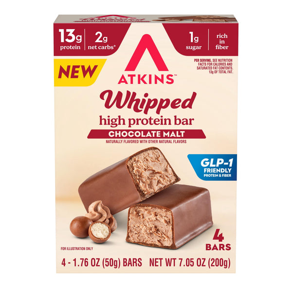 Atkins High Protein Whipped Chocolate Malt · Barra de proteína · 4 pzas