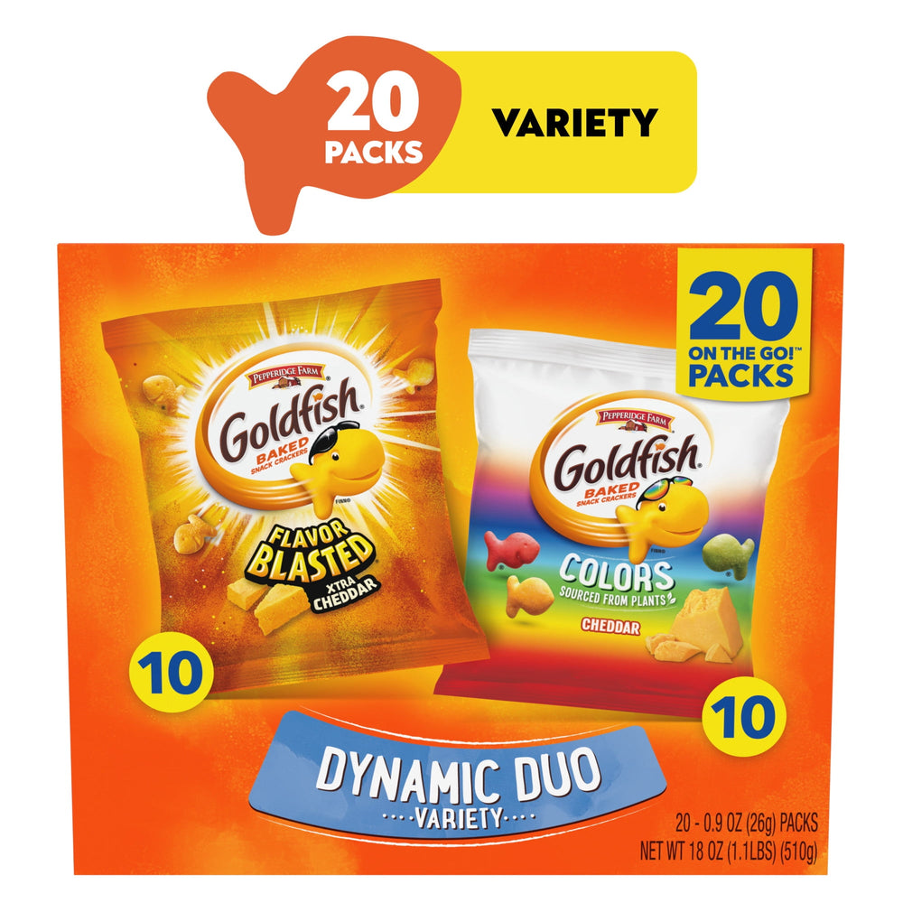 Goldfish Dynamic Duo Colors Cheddar & Blasted Xtra · Galletas saladas · 20 pzas de 26 g
