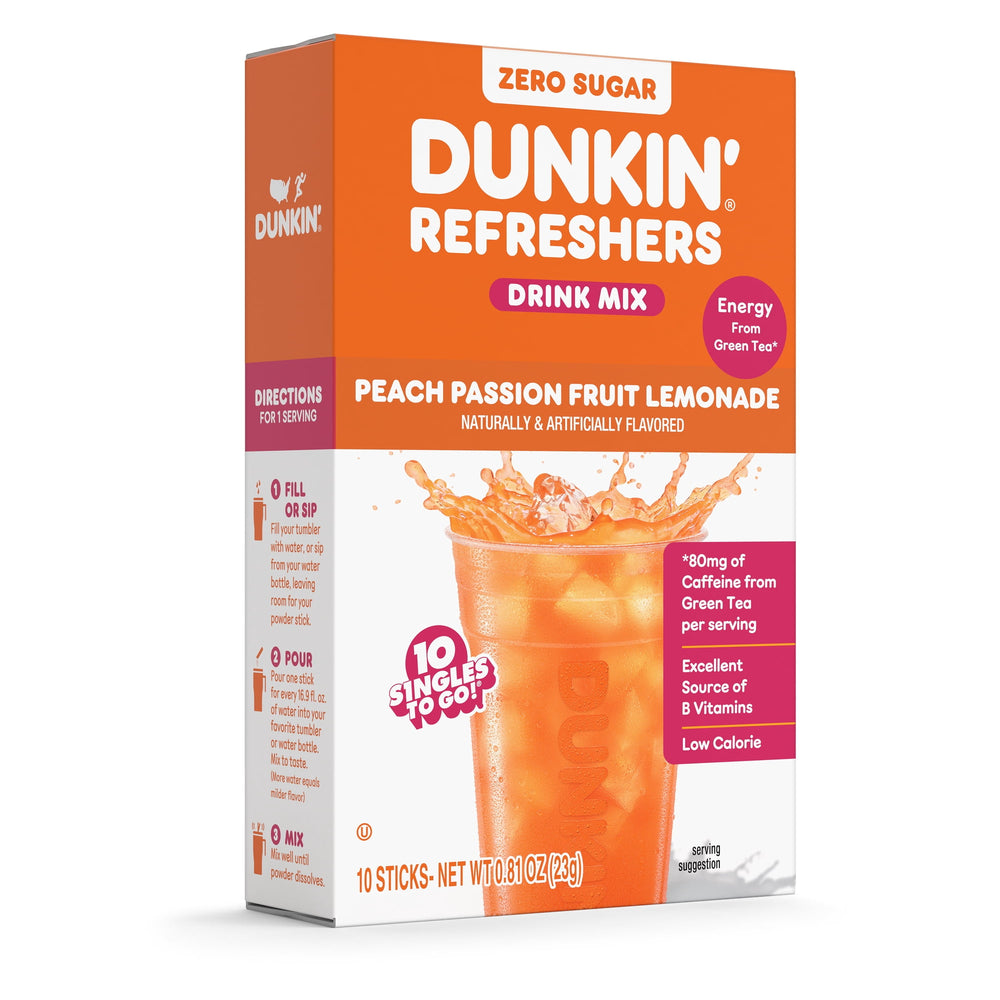 Dunkin' Refreshers Peach Passionfruit Lemonade · Polvo para agua · 10 pzas