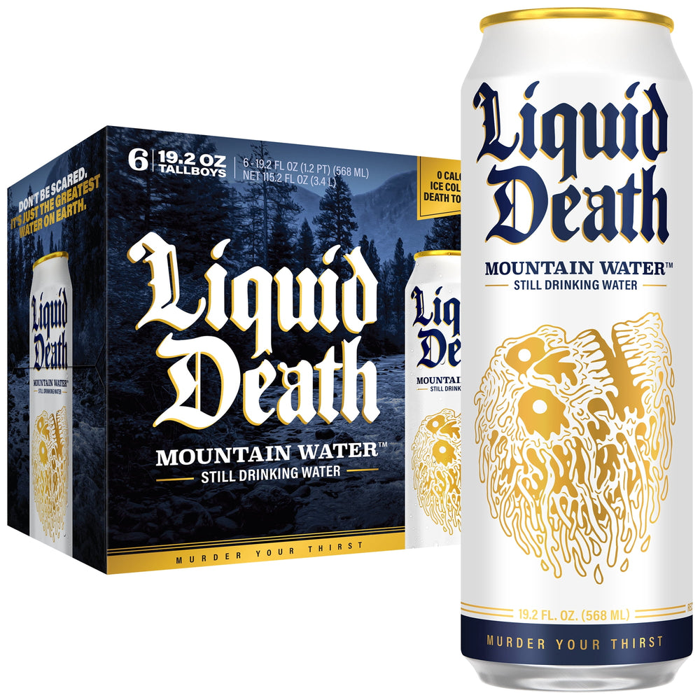 Liquid Death Still Mountain Water Real Mountain Source · Bebida · 568 ml · latas · tamaño king