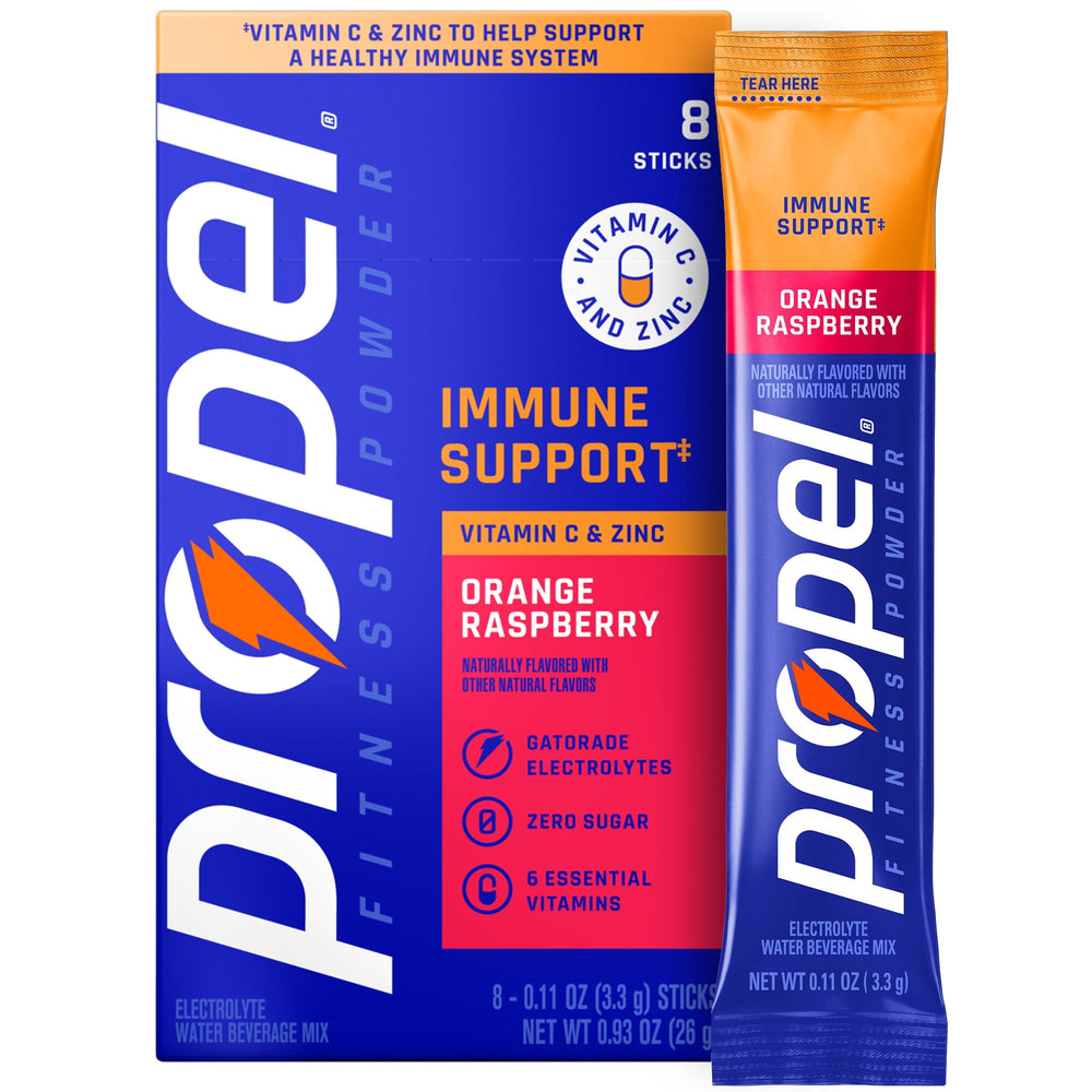 Propel Immune Support Orange Raspberry Zero Sugar · Polvo para agua · 8 pzas de 3 g