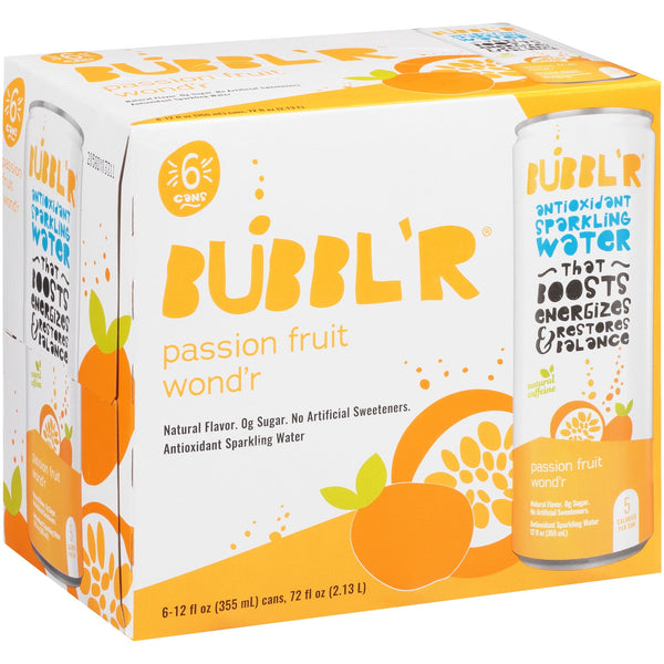 BUBBL'R Antioxidant Passion Fruit Wond'r · Agua mineral · 6 latas de 355 ml