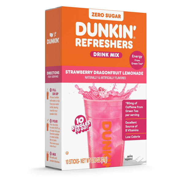 Dunkin' Refreshers Strawberry Dragonfruit Lemonade · Polvo para agua · 10 pzas