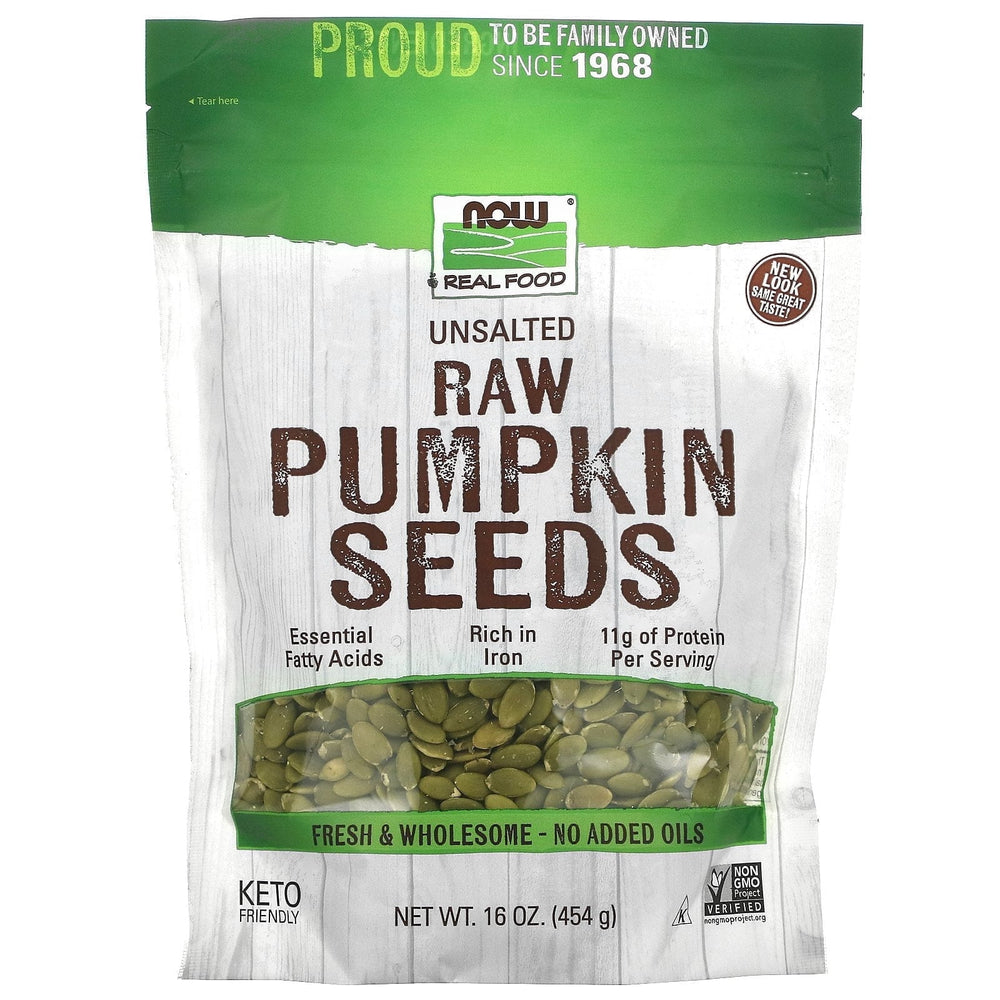 Now Foods GMO-Free Raw Pumpkin Seeds · Nueces · 454 g · sobre