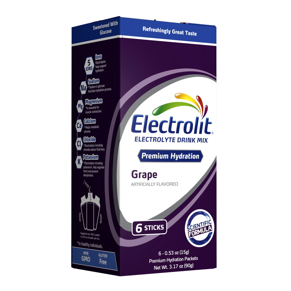Electrolit Hydration Powder Grape · Polvo para agua · 6 pzas de 15 g