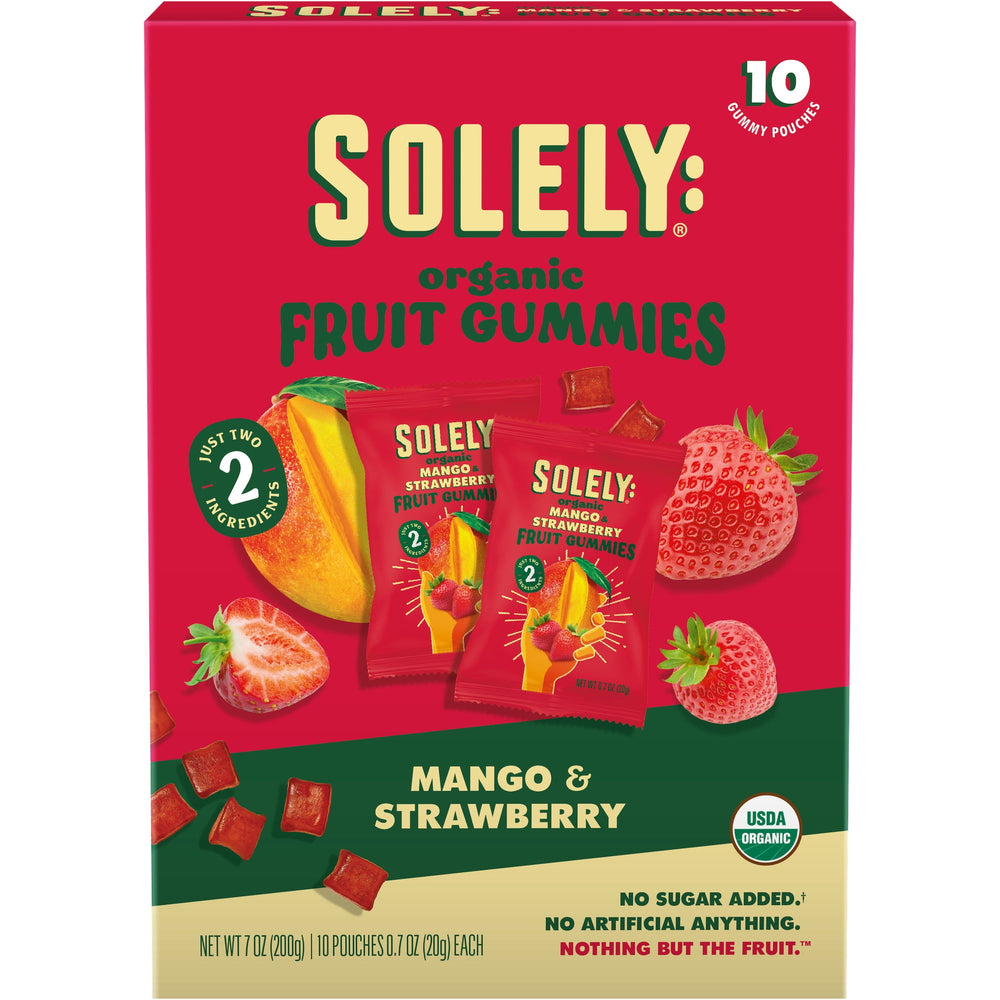 Solely Organic Mango and Strawberry Fruit · Gomitas · 10 pzas de 20 g