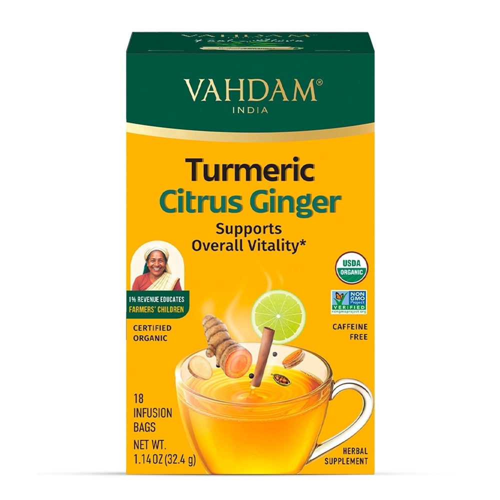 VAHDAM Organic Turmeric Citrus Ginger Herbal Tea 18 Tea · Té