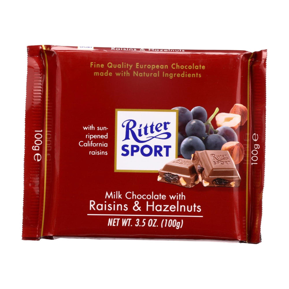 Ritter Sport Milk Chocolate With Raisins & Hazlenut · Caramelos · 99 g