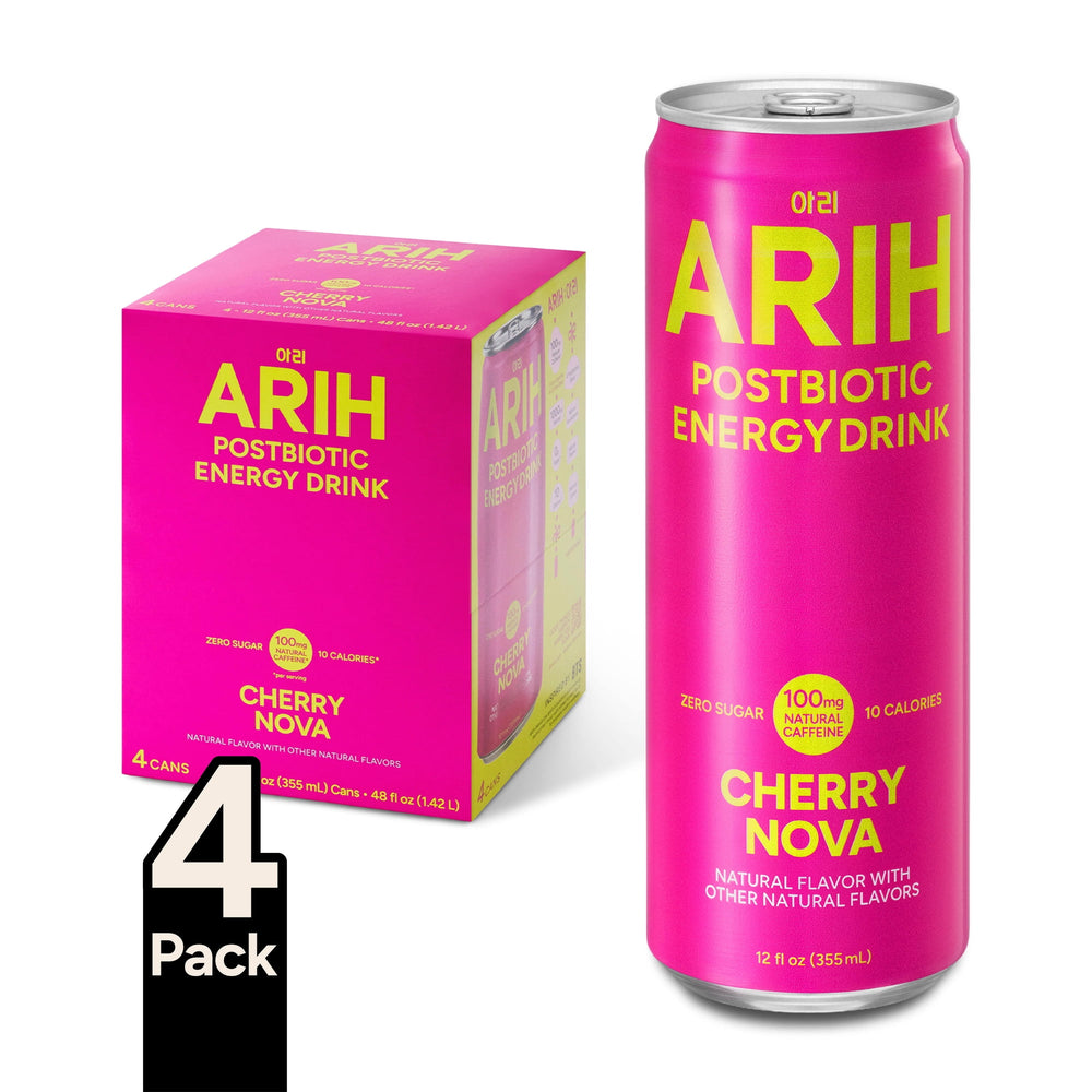 ARIH Postbiotic Cherry Nova Zero Sugar · Bebida energética · 4 pack de 355 ml