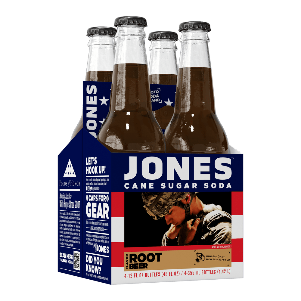 Jones Soda Root Beer · Refresco · 4 pack de 355 ml