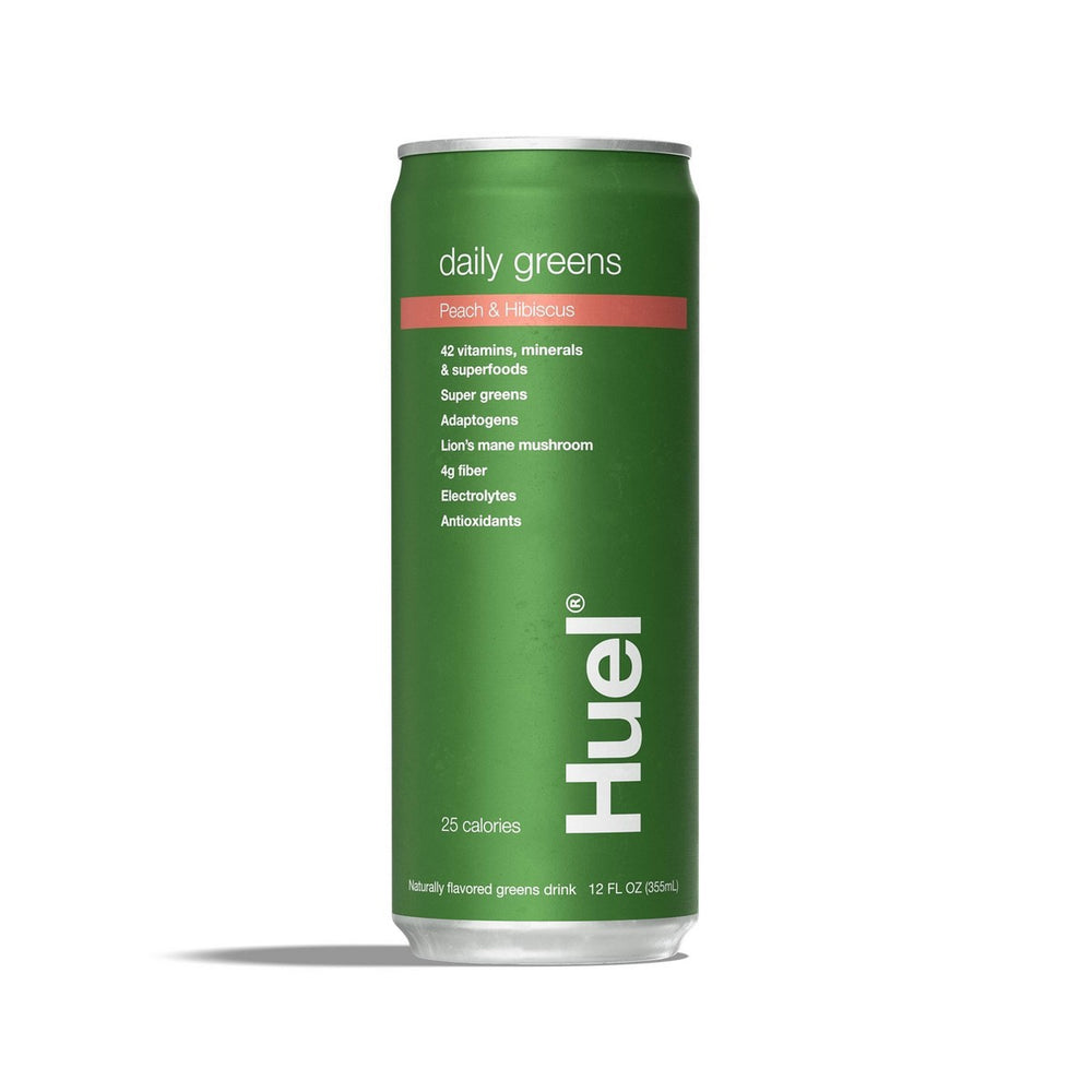 Huel Daily Greens Sparkling Peach & Hibiscus · Bebida con vitaminas · 4 latas de 355 ml