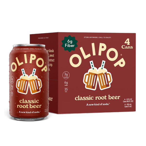 OLIPOP Classic Root Beer · Refresco prebiótico · 4 latas × 355 ml