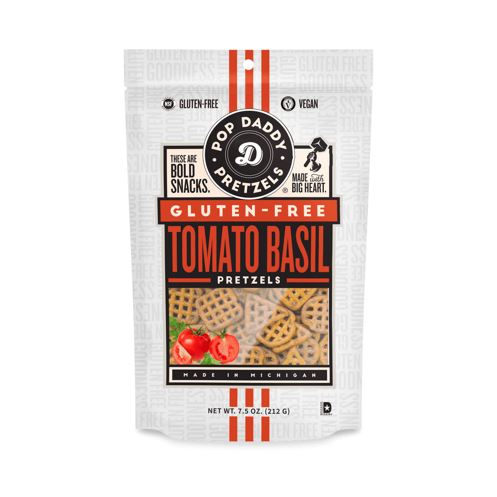 Pop Daddy Gluten Free · Pretzels sabor tomate y albahaca · 213 g
