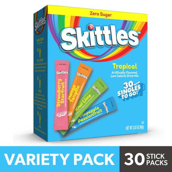Skittles Variety Pack Tropical Zero Sugar · Polvo para agua · 30 pzas