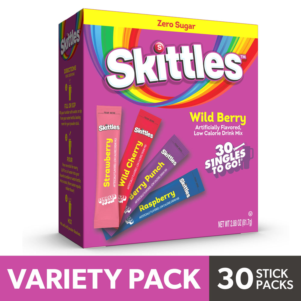 Skittles Wild Berry Zero Sugar · Polvo para agua · 30 pzas de 82 g