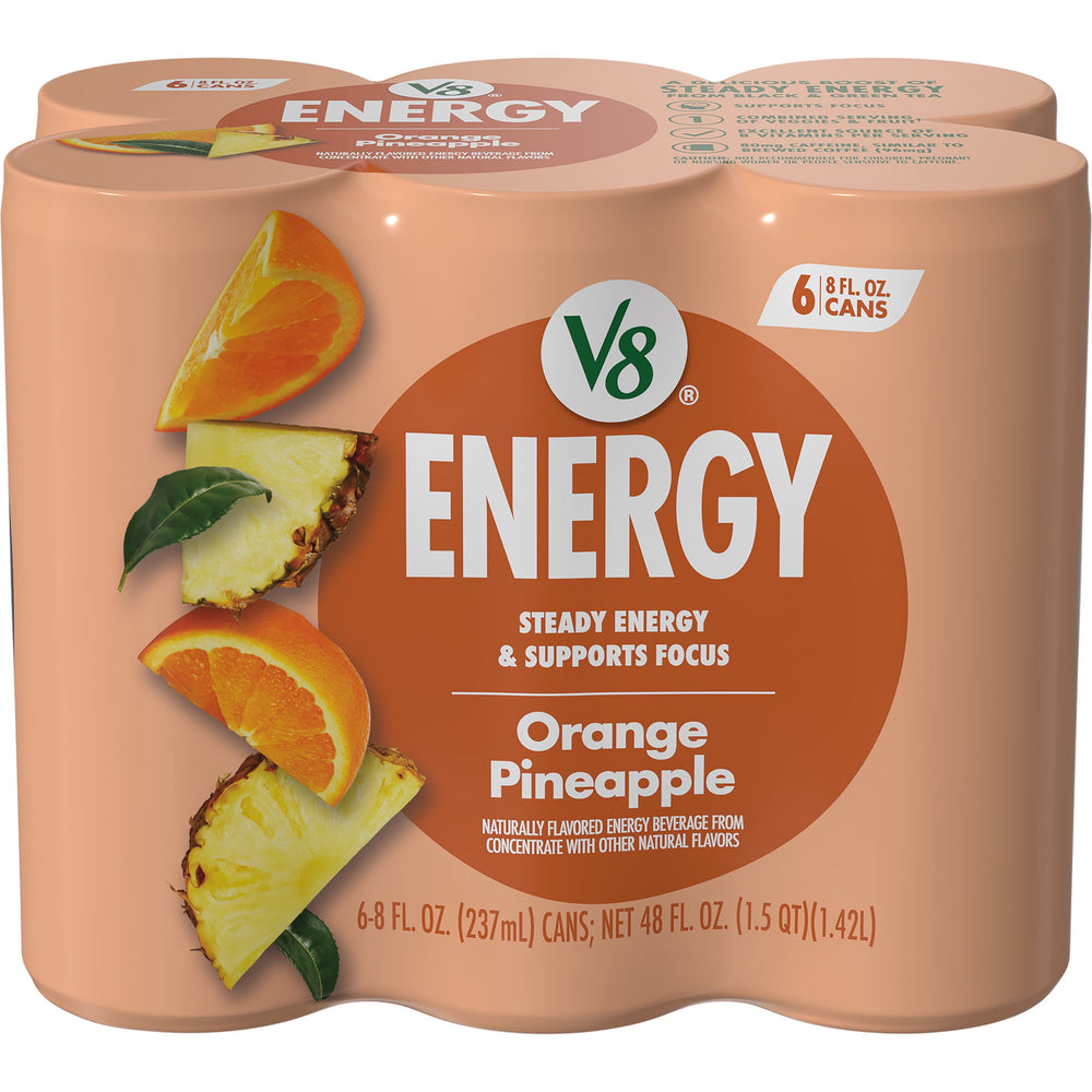 V8 Energy Orange Pineapple · Bebida energética · 6 latas de 237 ml