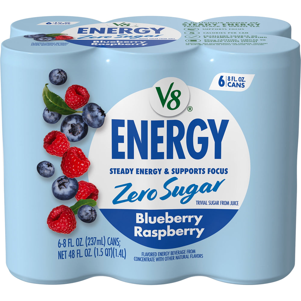 V8 Energy Blueberry Raspberry Zero Sugar · Bebida energética · 6 latas de 237 ml
