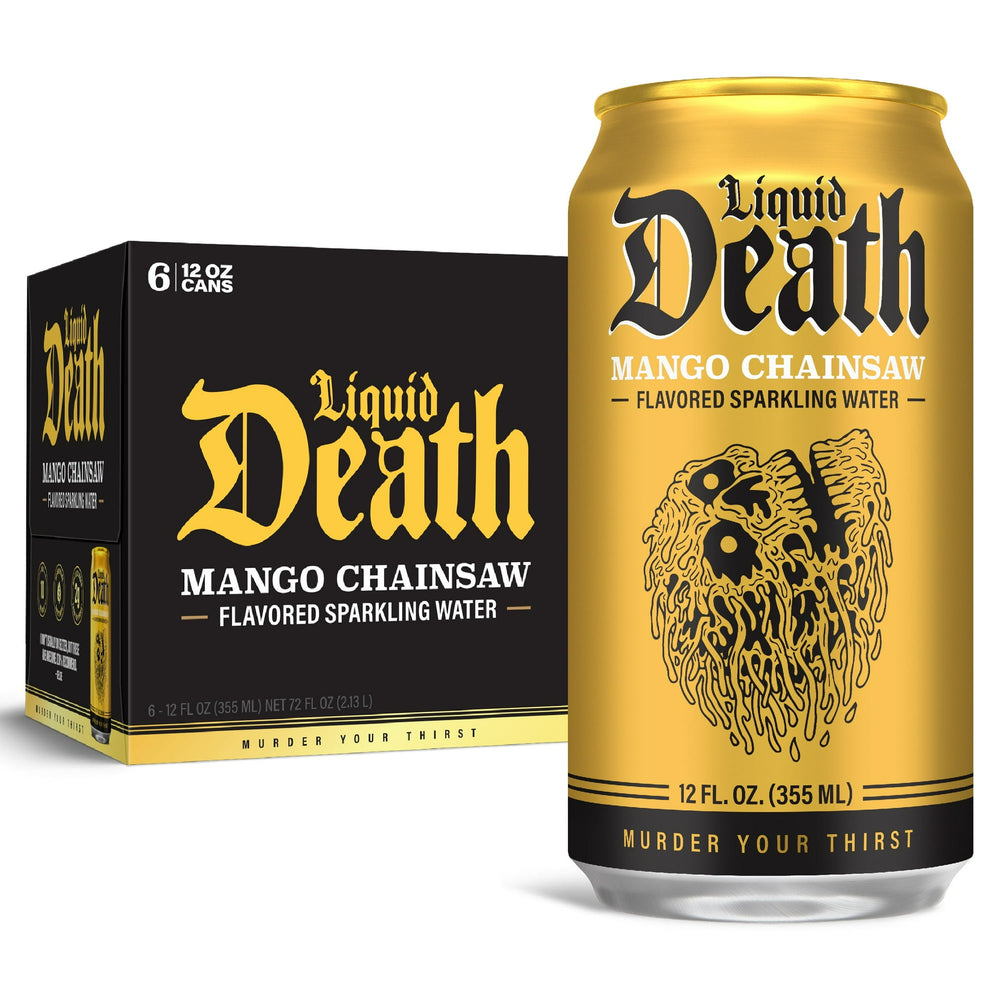 Liquid Death Mango Chainsaw · Agua mineral · 6 latas de 355 ml