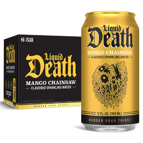 Liquid Death Mango Chainsaw · Agua mineral · 6 latas de 355 ml