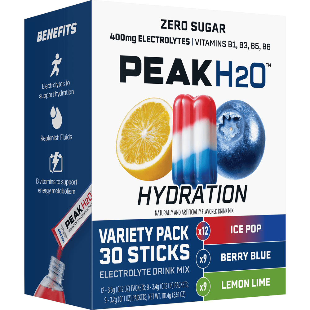 Peak H2O Hydration Variety Zero Sugar · Polvo para agua · 30 pzas