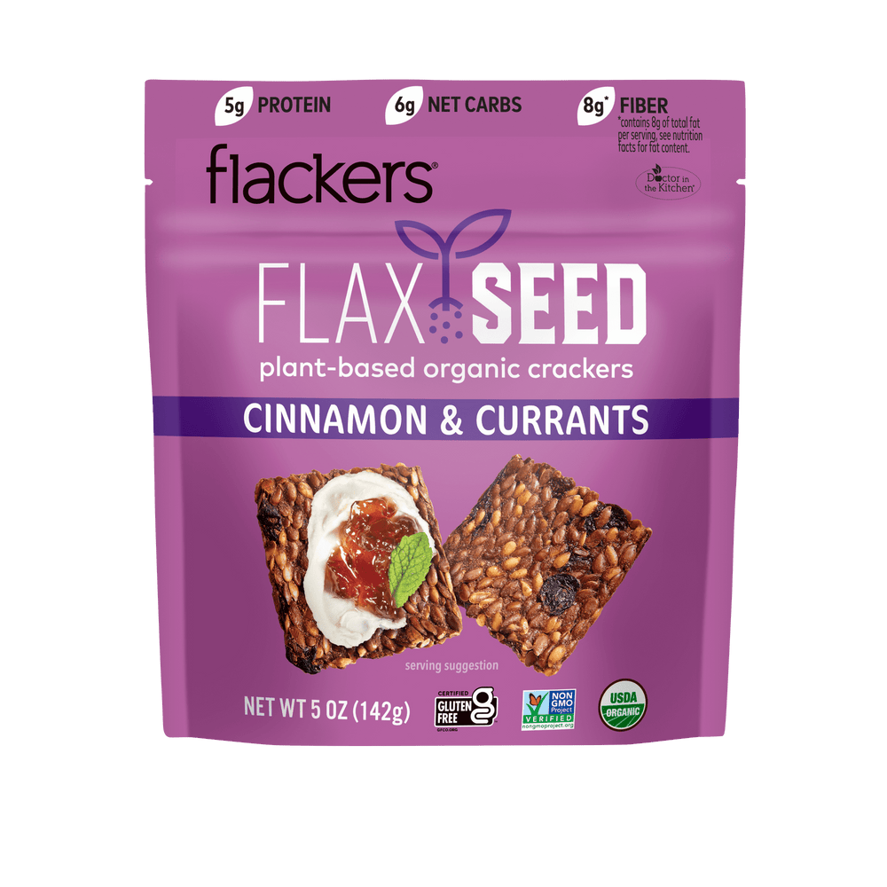 Flackers Organic Cinnamon & Currants Flaxseed Non-GMO Gluten Free · Galletas saladas · 142 g · bolsa