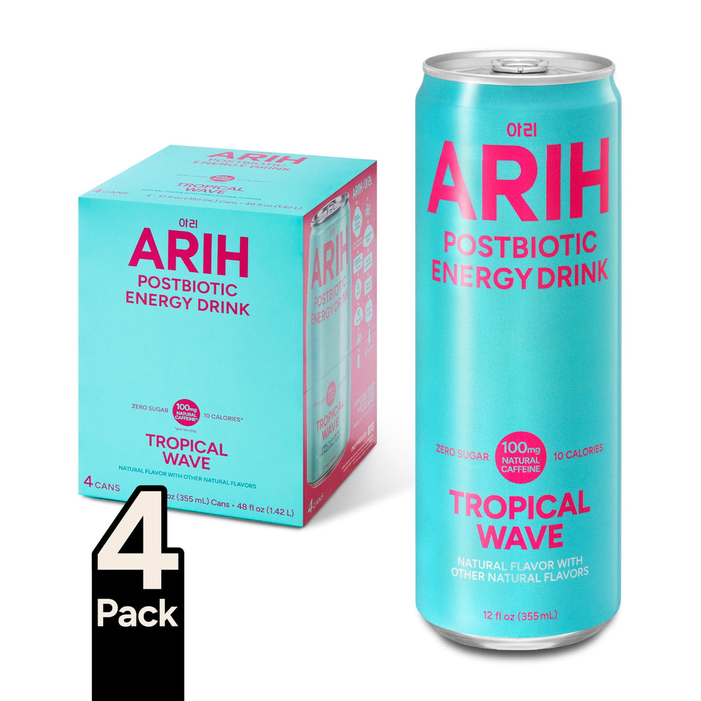 ARIH Postbiotic Tropical Wave Zero Sugar · Bebida energética · 4 pack de 355 ml