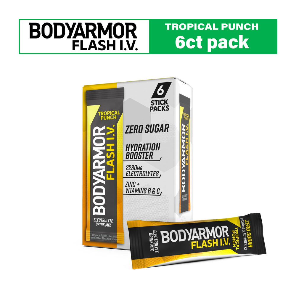 BODYARMOR Flash I.V. Tropical Punch Zero Sugar Powder Mix 0.28 dry oz · Bebida · 6 pack