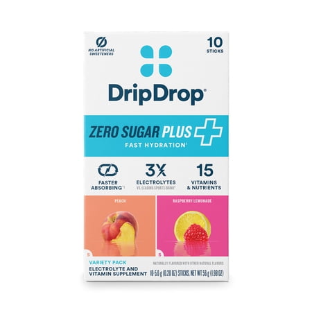 DripDrop Fast Hydration Zero Sugar Peach and Raspberry Lemonade · Polvo para agua · 10 pzas