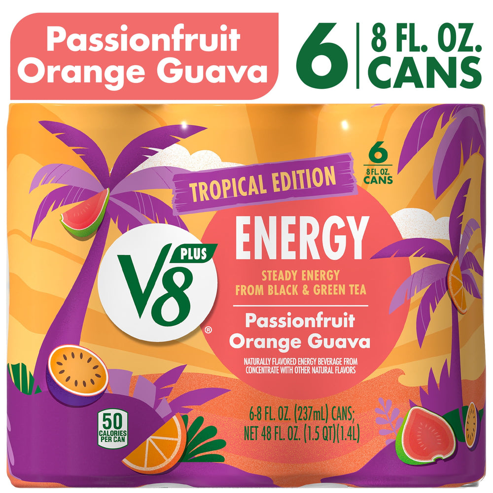 V8 +Energy Passionfruit Orange Guava Juice · Bebida energética · 6 pzas de 237 ml