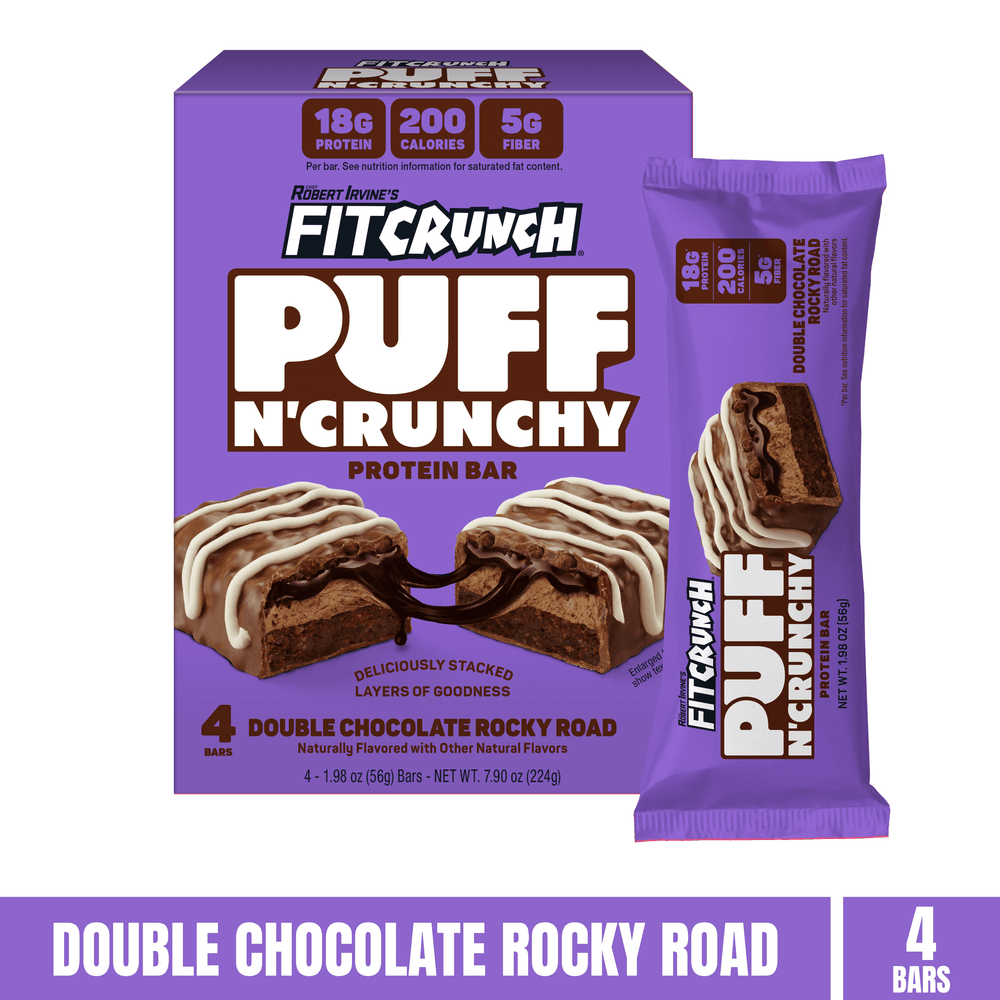 FITCRUNCH Puff n' Crunchy Double Chocolate Rocky Road · Barra de proteína · 4 pzas