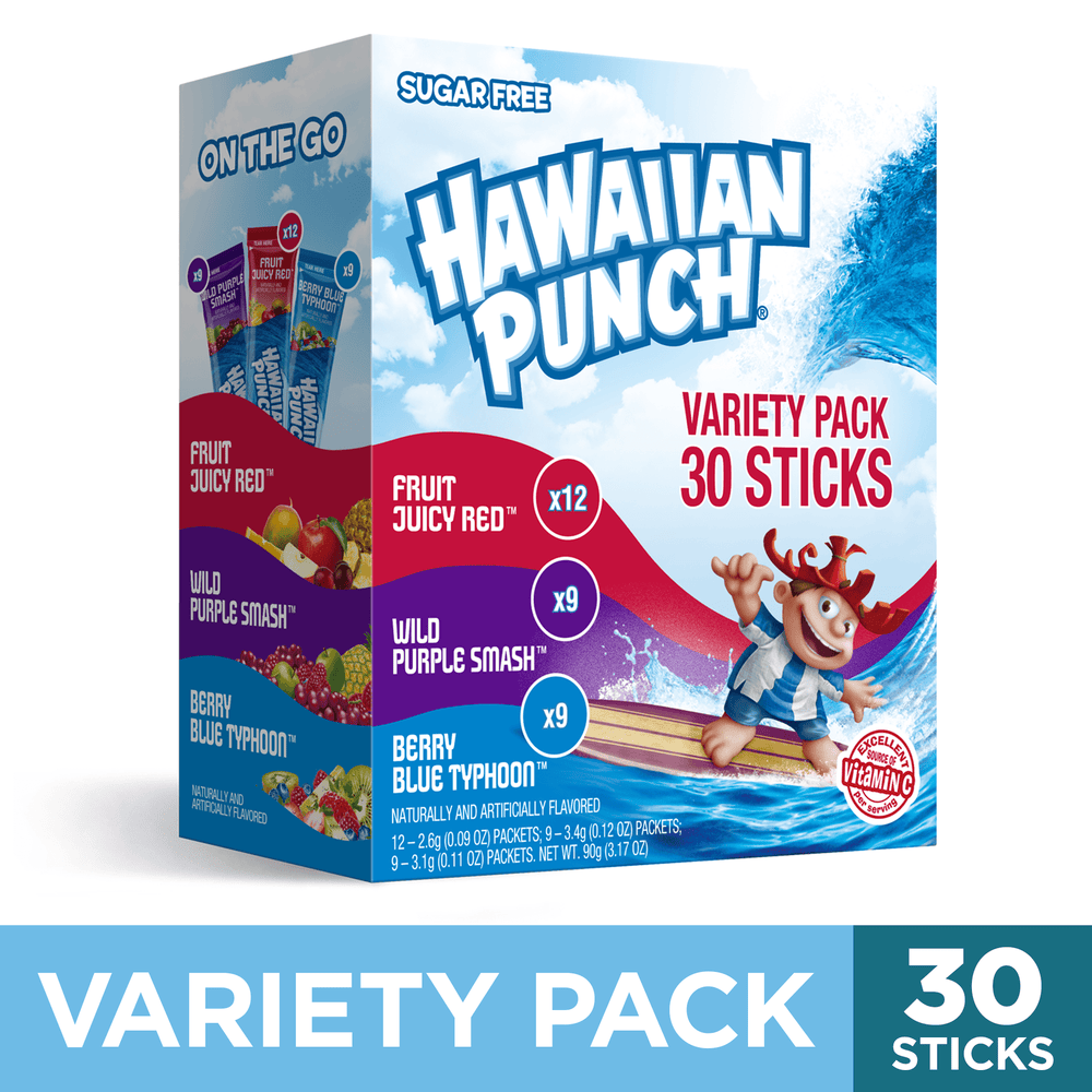 Hawaiian Punch Powder Variety Pack Red, Blue y Purple sin azúcar · Polvo para agua · 30 pzas