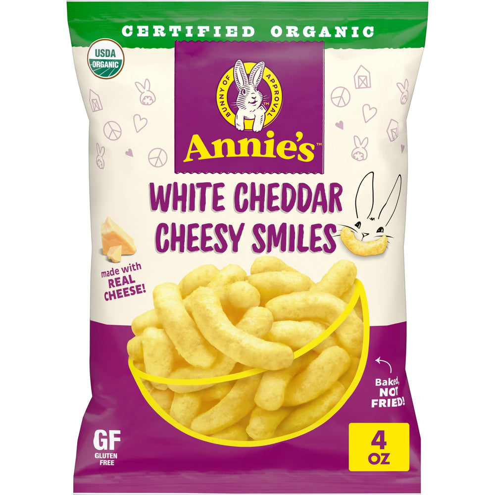 Annie's Organic White Cheddar Cheesy Smiles Corn Puffs sin gluten · Frituras · 113 g