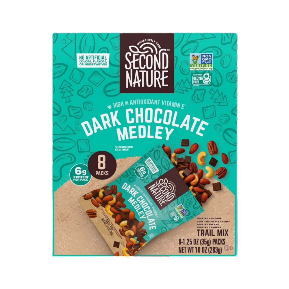 Second Nature Dark Chocolate Medley · Mezcla de nueces · 8 pzas de 35 g
