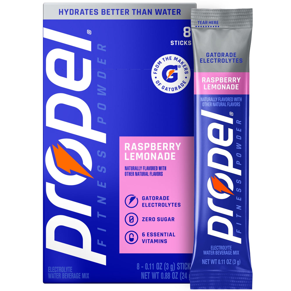 Propel Raspberry Lemonade Zero Sugar · Polvo para agua · 8 pzas de 3 g