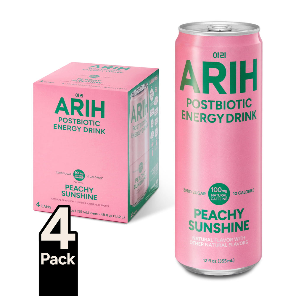 ARIH Postbiotic Peachy Sunshine Zero Sugar · Bebida energética · 4 pack de 355 ml