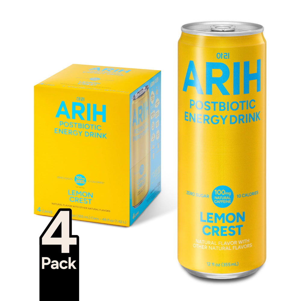 ARIH Postbiotic Lemon Crest Zero Sugar · Bebida energética · 4 pack de 355 ml