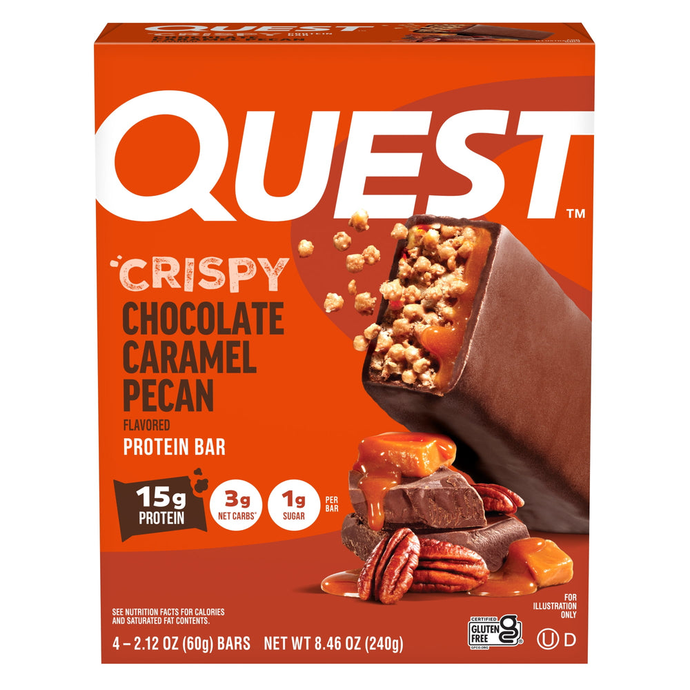 Quest Crispy Hero Chocolate Caramel Pecan · Barra de proteína · 4 pzas