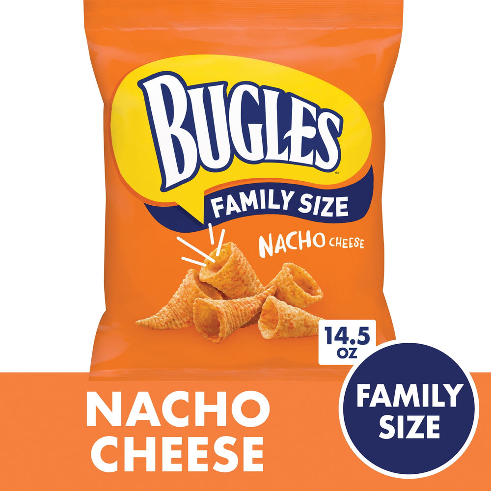 Bugles Nacho Cheese Corn · Totopos · 411 g · bolsa · tamaño familiar