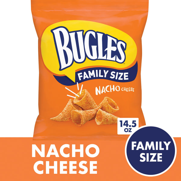 Bugles Nacho Cheese Corn · Totopos · 411 g · bolsa · tamaño familiar