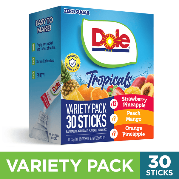 Dole Powder Variety Pack Tropical Sugar-Free · Polvo para agua · 30 pzas